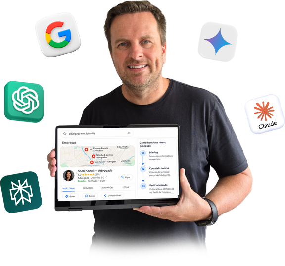 Luciano Arthur, professor da Escola de SEO, segurando um notebook com um Perfil da Empresa no Google e logos de ferramentas de inteligência artificial