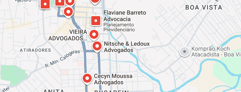 Mapa do Google mostrando perfis de advogados em Joinville